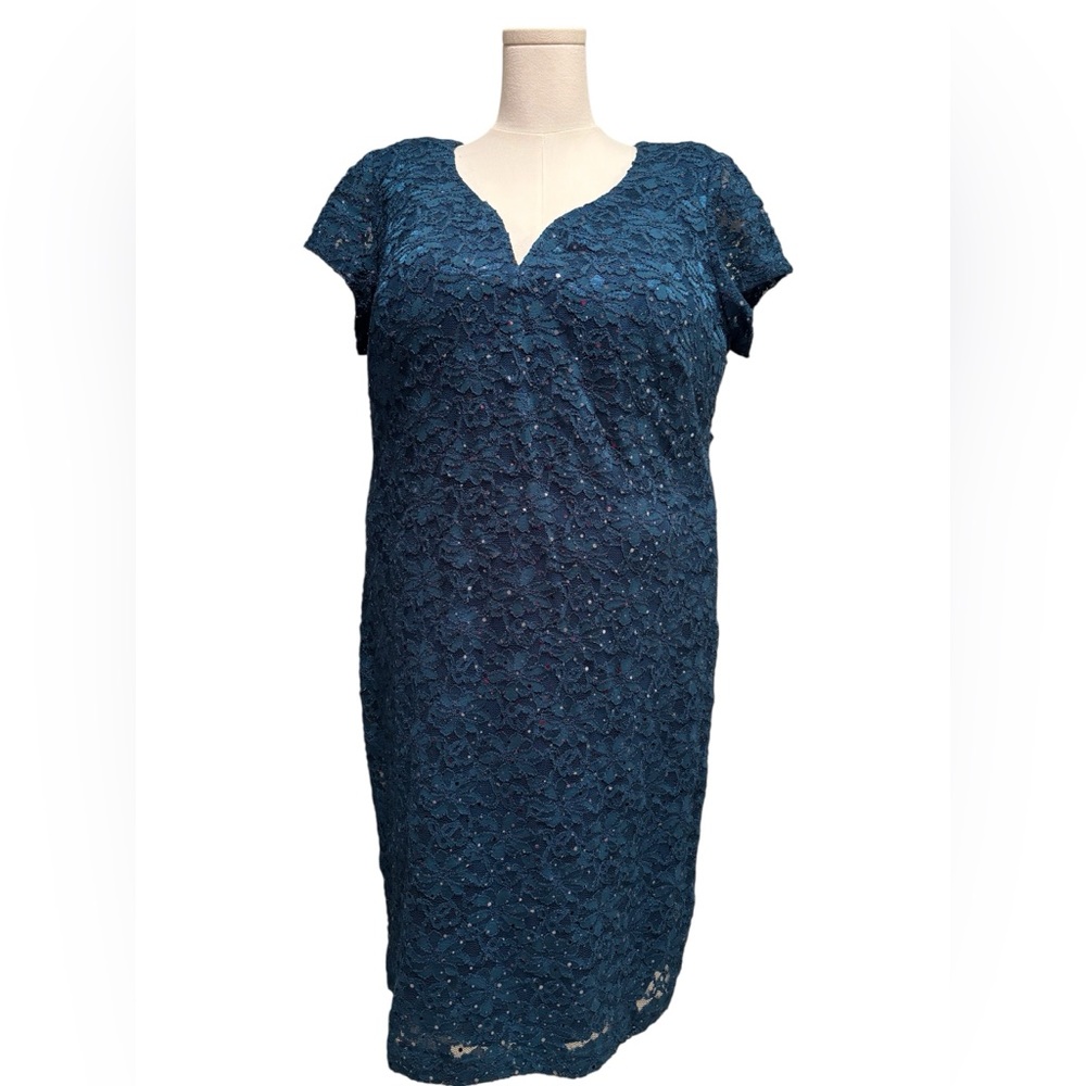 Roz & Ali Blue Lace Sequin Sheath Sweetheart Dress Size 16 Women Party Cocktail